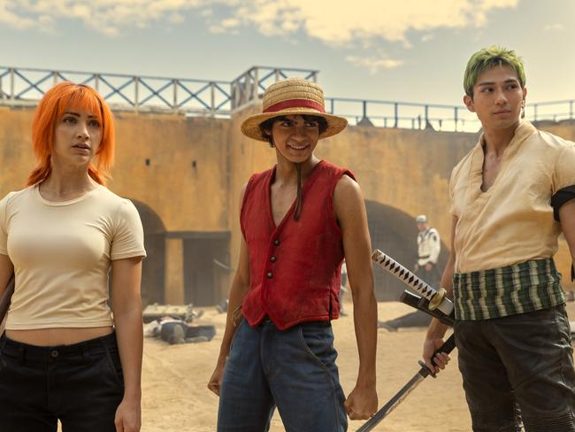 Emily Rudd as Nami, Iñaki Godoy as Monkey D. Luffy, Mackenyu Arata as Roronoa Zoro in season 1 of One Piece. Credit: Casey Crafford/Netflix 2023