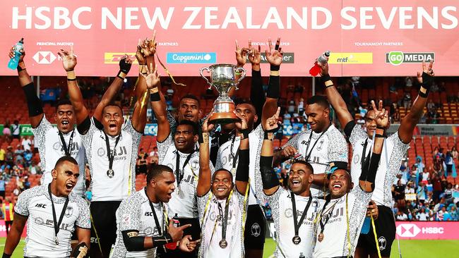 Fiji celebrate after winning the cup final in Hamilton.