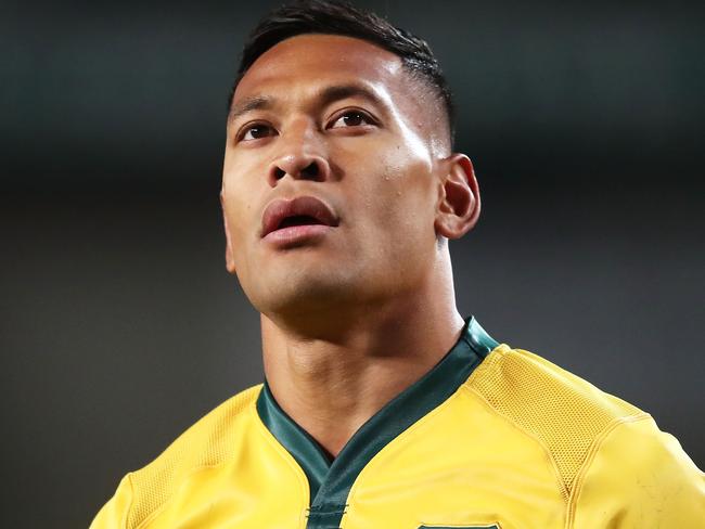 FILE: Israel Folau sacked by Rugby Australia for Homphobic tweet SYDNEY, AUSTRALIA - JUNE 23:  Israel Folau of the Wallabies looks on during the Third International Test match between the Australian Wallabies and Ireland at Allianz Stadium on June 23, 2018 in Sydney, Australia.  (Photo by Matt King/Getty Images)