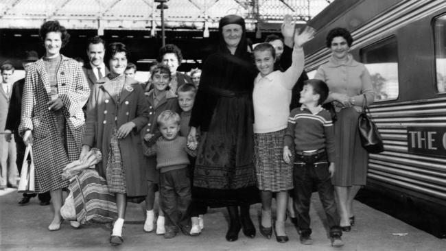 Newly arrived Greek migrants at Adelaide Railway Station.