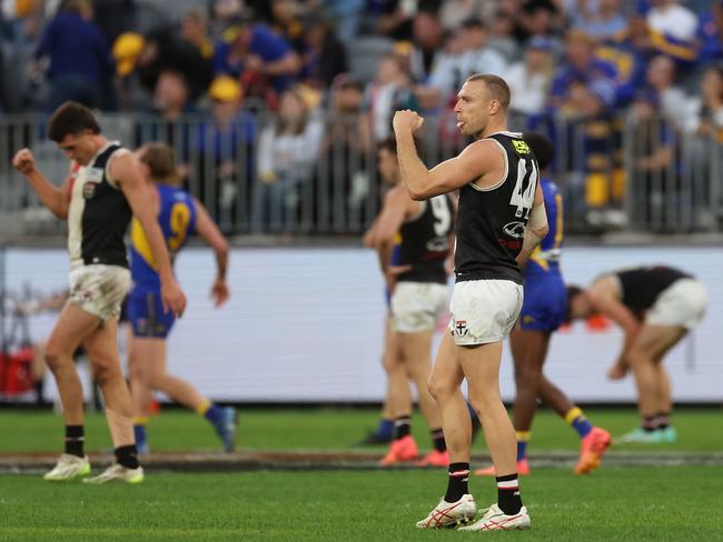 Callum Wilkie celebrates on the final siren in Perth. Picture: Will Russell/AFL Photos