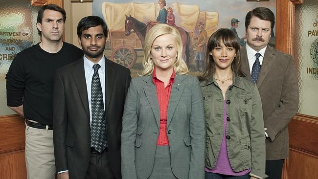 Cast of TV program 'Parks and Recreation' (l-r) Paul Schneider as Mark Brendanawicz, Aziz Ansari as Tom Haverford, Amy Poehle...