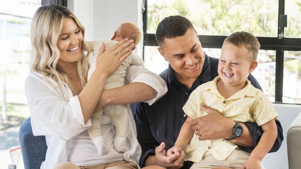 Diamonds netball star Gretel Bueta with new baby Toby, husband Niko and son Bobby, 2, is the new face of the DrinkWise campaign.