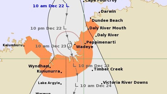 Possible tropical cyclone developing on Friday morning before crossing the coast near the NT/WA border. Image is as at Thursday, December 22 at 12.09pm. Picture: BoM