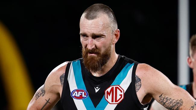 ADELAIDE, AUSTRALIA - SEPTEMBER 05: Charlie Dixon of the Power looks dejected after a loss during the 2024 AFL Second Qualifying Final match between the Port Adelaide Power and the Geelong Cats at Adelaide Oval on September 05, 2024 in Adelaide, Australia. (Photo by Michael Willson/AFL Photos via Getty Images)