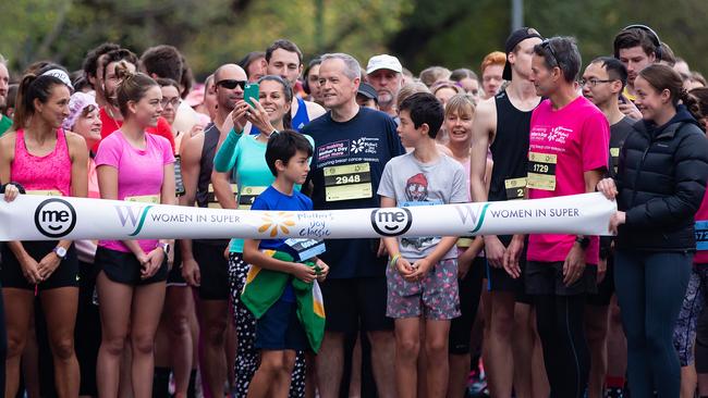 Bill Shorten on the starters line of the Mother’s Day Classic fun run in Melbourne on Sunday. Picture: Sarah Matray