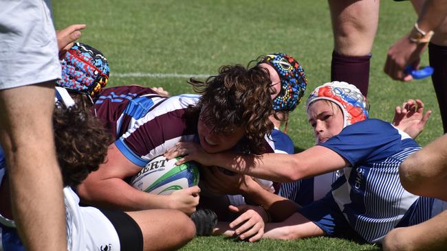 TAS rugby action between Cannon Hill Anglican College and John Paul College. Saturday April 22, 2023. Picture: Nick Tucker.