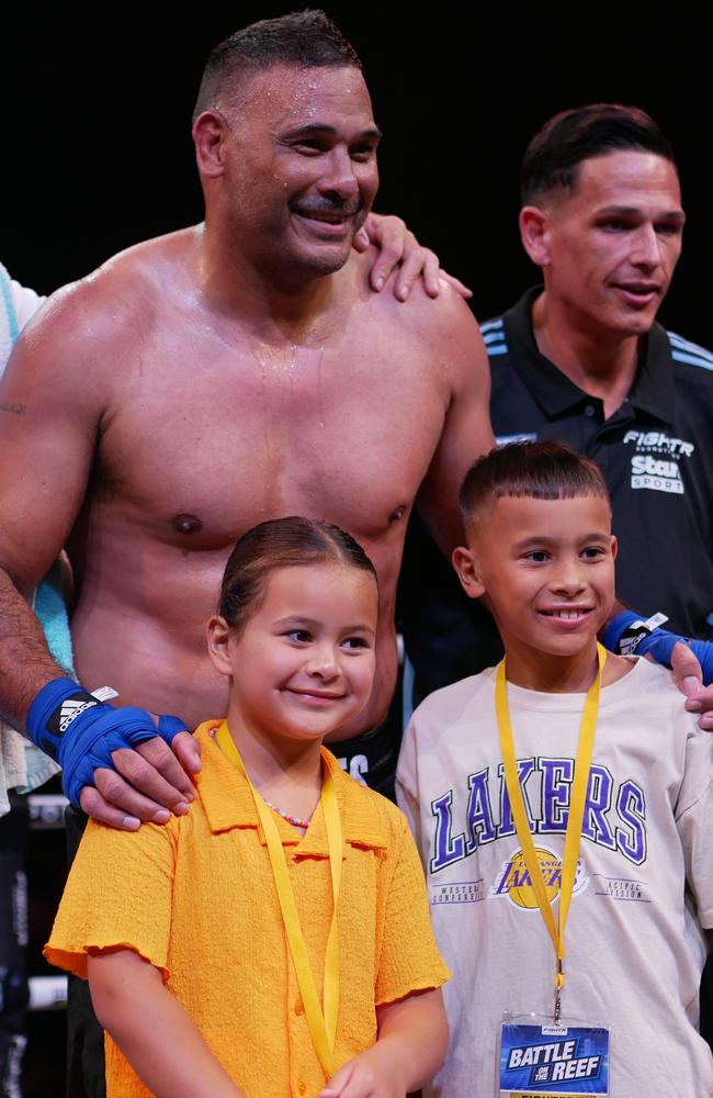 Justin Hodges and his children at the Battle of the Reef fight night at the Townsville Entertainment and Convention centre, October 7 2023. Picture: Blair Jackson.