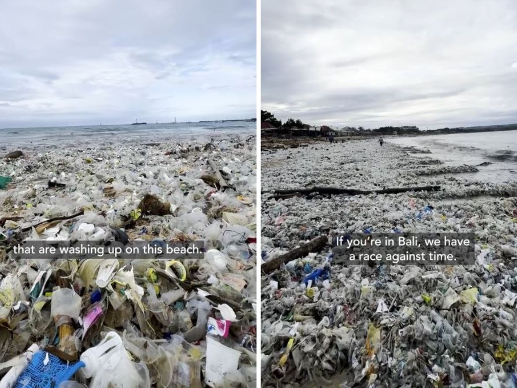 The viral video reveals the devastating reality of plastic pollution on a beach in Bali. Picture: Instagram