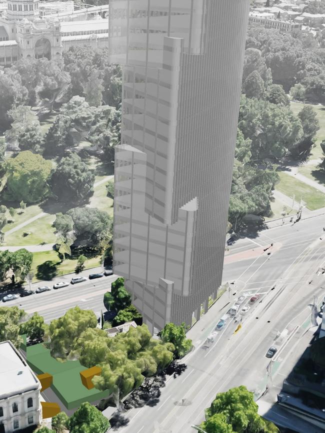 The proposed tower would be located next to the Royal Society of Victoria’s headquarters and caretaker’s cottage. Picture: DeciBel Architecture