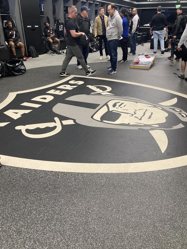 The Raiders logo inside the dressing rooms at Allegiant Stadium. No one is allowed to step on it. Credit: Supplied.