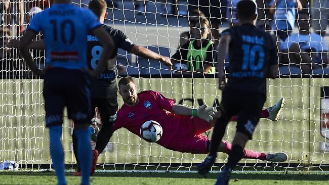 Andrew Redmayne saves a penalty in Sydney FC’s win over Melbourne City in February. Picture: Getty Images