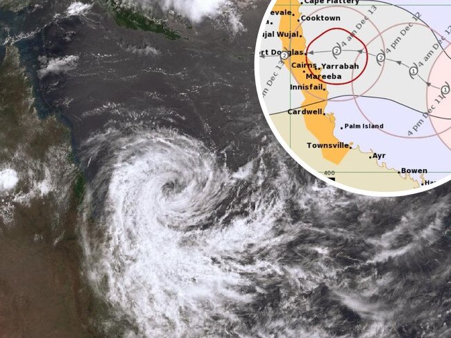 A satellite image of Cyclone Jasper off the Queensland coast at 10.20am on Monday. Picture: Bureau of Meteorology