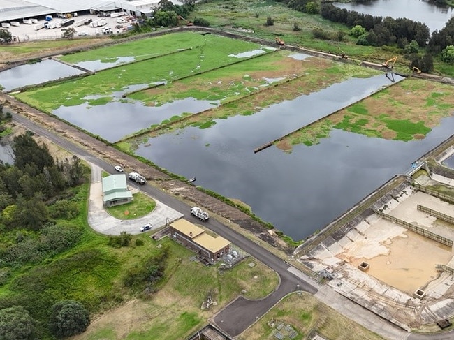 An aerial shot of the Warwick Farm settling pond owned by Sydney Water that has been linked to the mosquito infestation. Picture: Sydney Water.