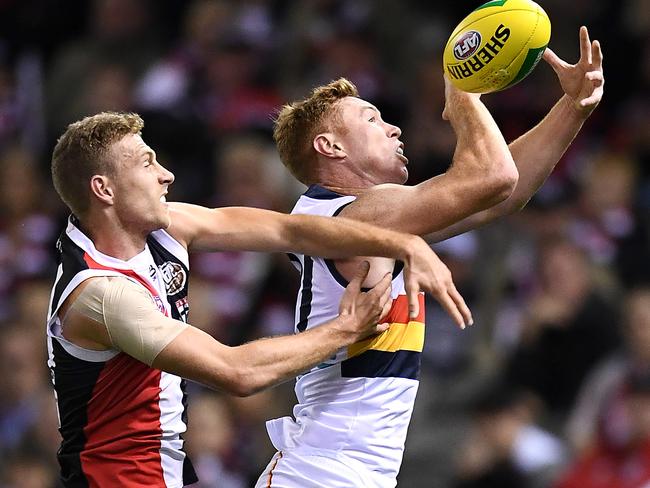 Crows forward Tom Lynch marks in front of St Kilda’s Callum Wilkie during Adelaide’s win over St Kilda at Marvel Stadium on April 27, 2019 in Melbourne, Australia. PHOTO: Quinn Rooney/Getty Images