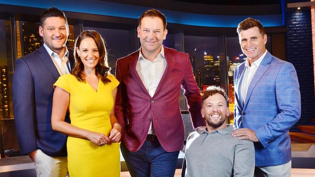 The cast of the new Channel 9 Footy Show: Brendan Fevola, Neroli Meadows, Anthony 'Lehmo' Lehmann, Dylan Alcott and Shane Crawford. Picture: Nicki Connolly