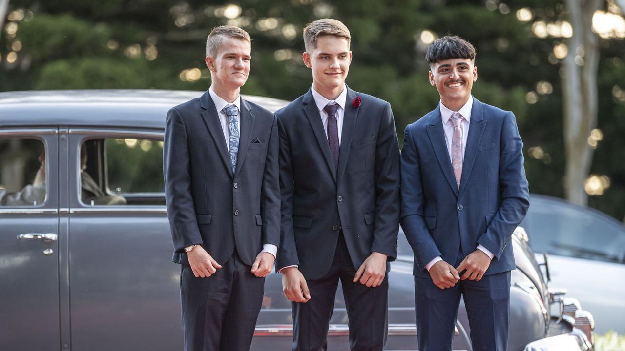 Declan Power, Matthew Tarlinton and Musafer Alhavdo. Toowoomba State High School formal at Picnic Point. Friday, September 9, 2022. Picture: Nev Madsen.