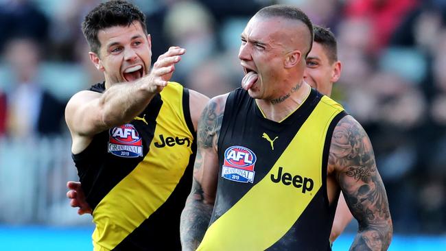 Dustin Martin and Trent Cotchin go nuts. Picture: Michael Klein