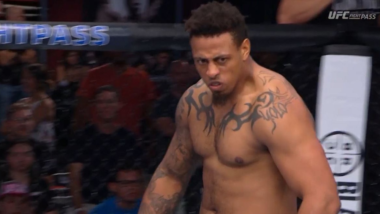 Greg Hardy glares after getting the finish.