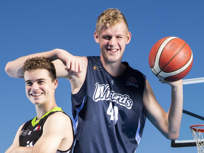 Seven Foot 14 year old Rocco Zikarsky picture with training partner Morgan Brown 14. Rocco is a rising basketball and swimming sensation that has already been identified as a future NBA prospect and has been signed up with the AIS.  Photo Lachie Millard.