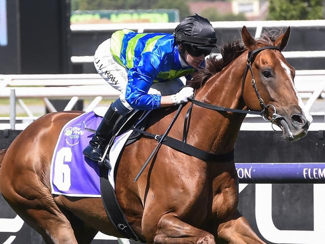 Another Wil ridden by Jamie Kah wins the Good Friday Appeal Plate at Flemington Racecourse on March 02, 2024 in Flemington, Australia. (Photo by Brett Holburt/Racing Photos via Getty Images)