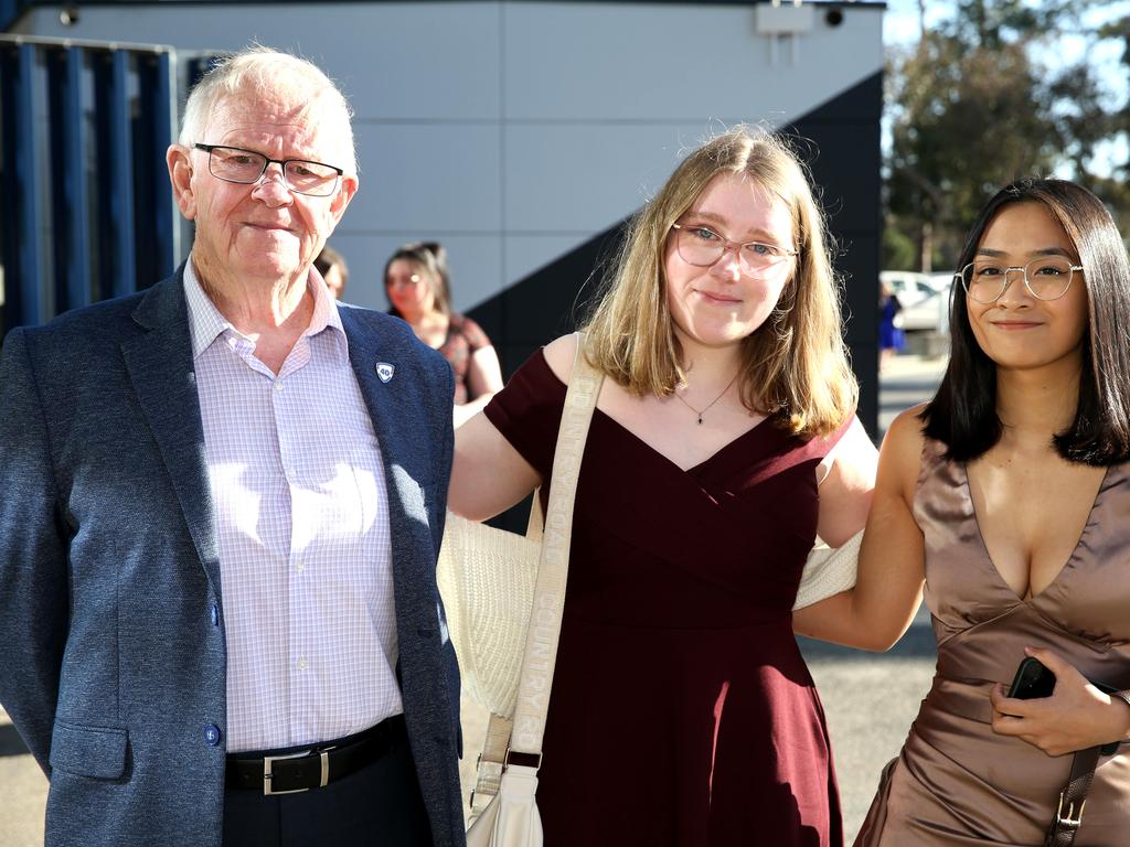 Geelong High graduation at GMHBA Stadium. Malcolm Anderson, Jesica Wood and Ryka Pineda. Picture: Mike Dugdale