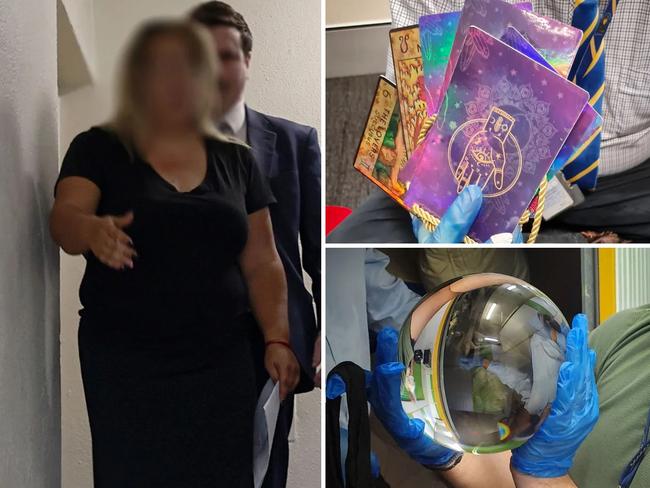 Tina Montana is arrested on Wednesday during a raid that resulted in police seizing items that included tarot cards and a crystal ball. Pictures: NSW Police