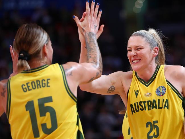 SYDNEY, AUSTRALIA - SEPTEMBER 25: Lauren Jackson of Australia and Cayla George of Australia celebrate victory during the 2022 FIBA Women's Basketball World Cup Group B match between Australia and Serbia at Sydney Superdome, on September 25, 2022, in Sydney, Australia. (Photo by Kelly Defina/Getty Images) *** BESTPIX ***