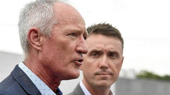 One Nation party officials Steve Dickson (left) and James Ashby field questions during a press conference in Brisbane, Tuesday, March 26, 2019. The pair have been caught in an al-Jazeera investigation which used hidden cameras and a journalist posing as a grassroots gun campaigner to expose the far-right partys extraordinary efforts to secure funding in Washington DC in September. Picture: DAVE HUNT