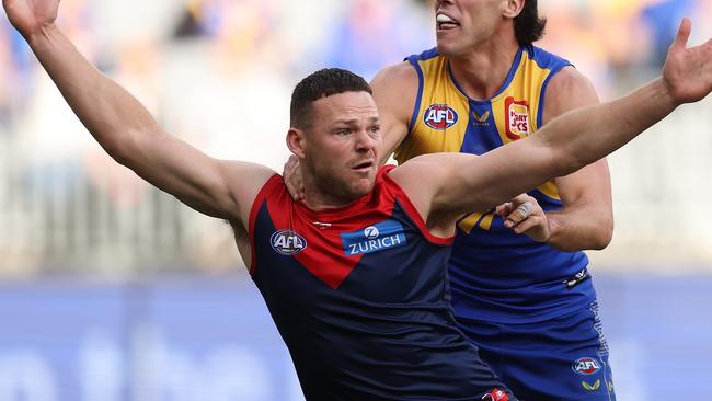 PERTH, AUSTRALIA - MAY 15: Steven May of the Demons gestures to the umpire during the round nine AFL match between the West Coast Eagles and the Melbourne Demons at Optus Stadium on May 15, 2022 in Perth, Australia. (Photo by Paul Kane/Getty Images)