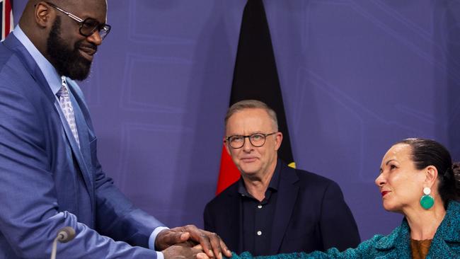 The Prime Minister, Anthony Albanese, photographed in Sydney holding a press conference with Minister for indigenous Australians Linda Burney and NBA legend Shaquille O'Neal. Picture: NCA NewsWire / Monique Harmer