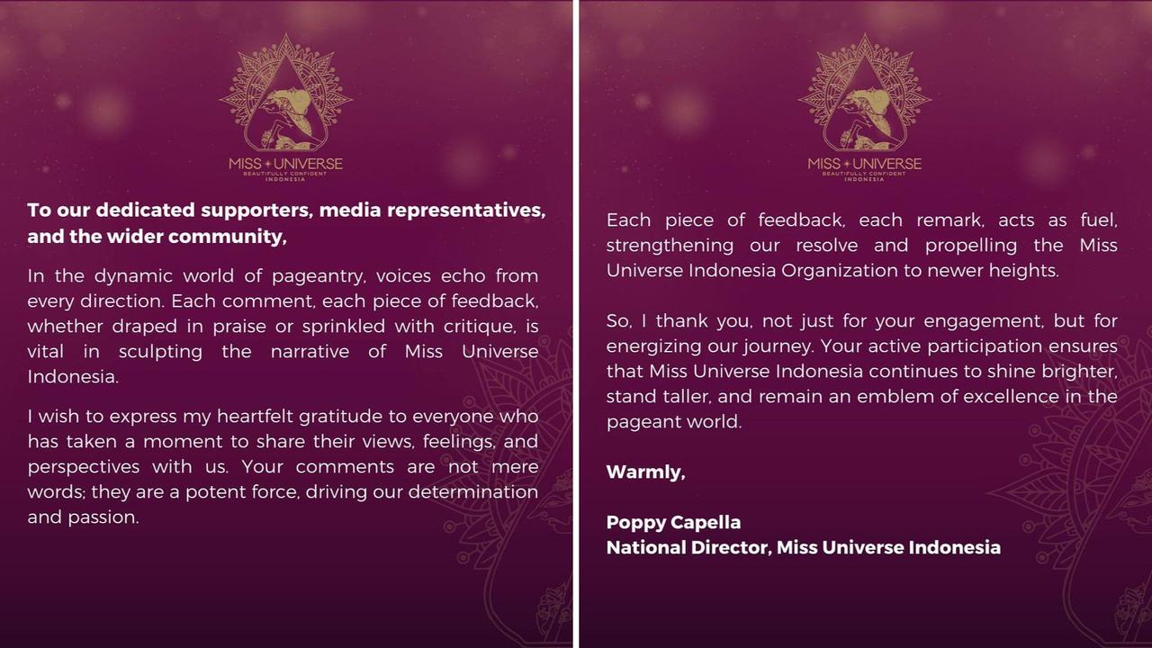 Miss Universe Indonesia released a statement thanking "everyone who has taken a moment to share their views, feelings and perspectives with us." Picture: Instagram.