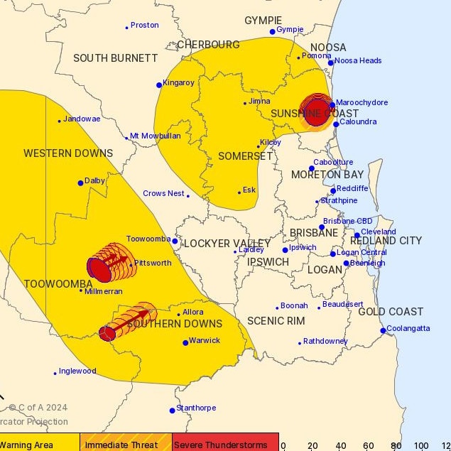 Severe storm cells were identified near Toowoomba and the Sunshine Coast about 3pm on Thursday.