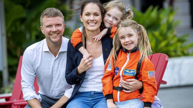 Astronaut Katherine Bennell-Pegg with her daughters Hazel, 4, and Clara, 6, and husband Campbell Pegg, at Lot 14. Picture: Mark Brake