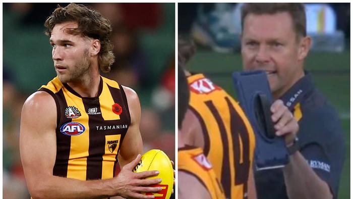 Jack Scrimshaw received a massive spray from Hawks coach Sam Mitchell against the Swans.