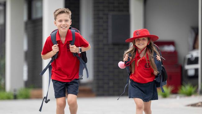 Asher and Isla Papadopoulos decked out in their new school uniforms Picture: Tony Gough