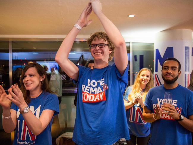 Remain supporters cheer as the first EU referendum result from Gibraltar is announced in their favour.