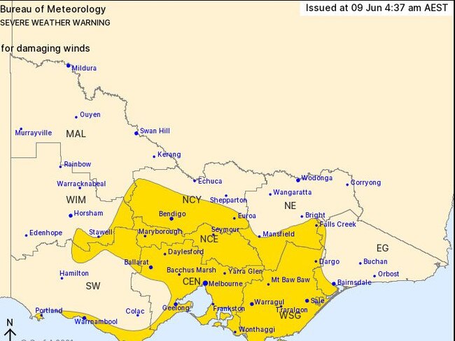 A severe weather warning for damaging winds has been issued for parts of Victoria.