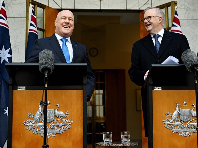 Australia's Prime Minister Anthony Albanese (R) and New Zealand's Prime Minister Christopher Luxon hold a joint press conference after the Australia and New Zealand Annual Leaders' Meeting at Parliament House in Canberra on August 16, 2024. (Photo by TRACEY NEARMY / POOL / AFP)