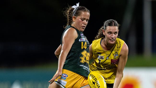 Paula Pavic playing for St Mary's in the the women's qualifying final against the Nightcliff Tigers in the 2024-25 NTFL season. Picture: Pema Tamang Pakhrin