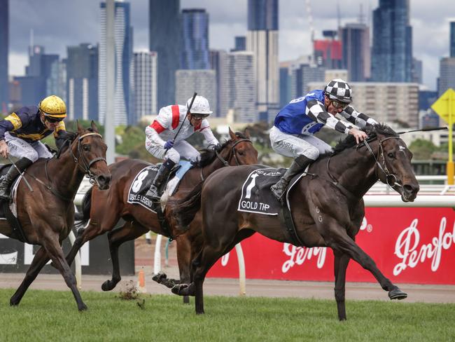 2022 Lexus Melbourne Cup race. 2022 Lexus Melbourne Cup winner Gold Trip leaves the field behind with jockey Mark Zahra heading to the finish line.                     Picture: David Caird