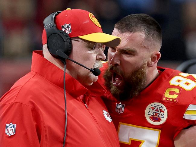 LAS VEGAS, NEVADA - FEBRUARY 11: Travis Kelce #87 of the Kansas City Chiefs reacts at Head coach Andy Reid in the first half against the San Francisco 49ers during Super Bowl LVIII at Allegiant Stadium on February 11, 2024 in Las Vegas, Nevada. (Photo by Jamie Squire/Getty Images)