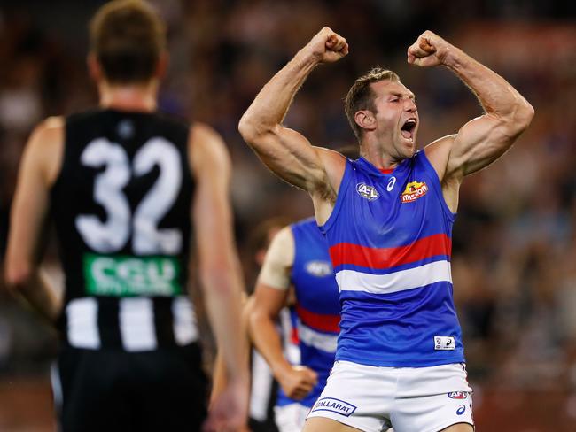 Travis Cloke celebrates a goal during his stint with the Western Bulldogs. Picture: Getty Images.