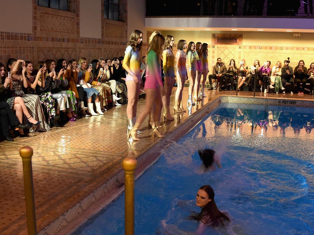 A dramatic finish to the Cynthia Rowley show at a public swimming pool. Picture: Jamie McCarthy/Getty Images 