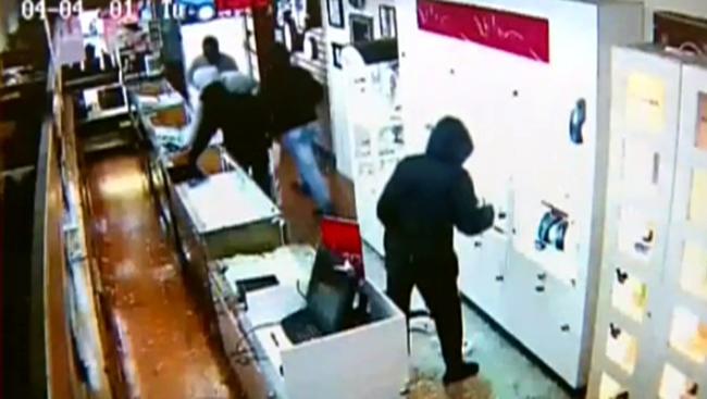 CCTV captures five masked thugs robbing an Elsternwick jewellery store. Picture: Channel 9.