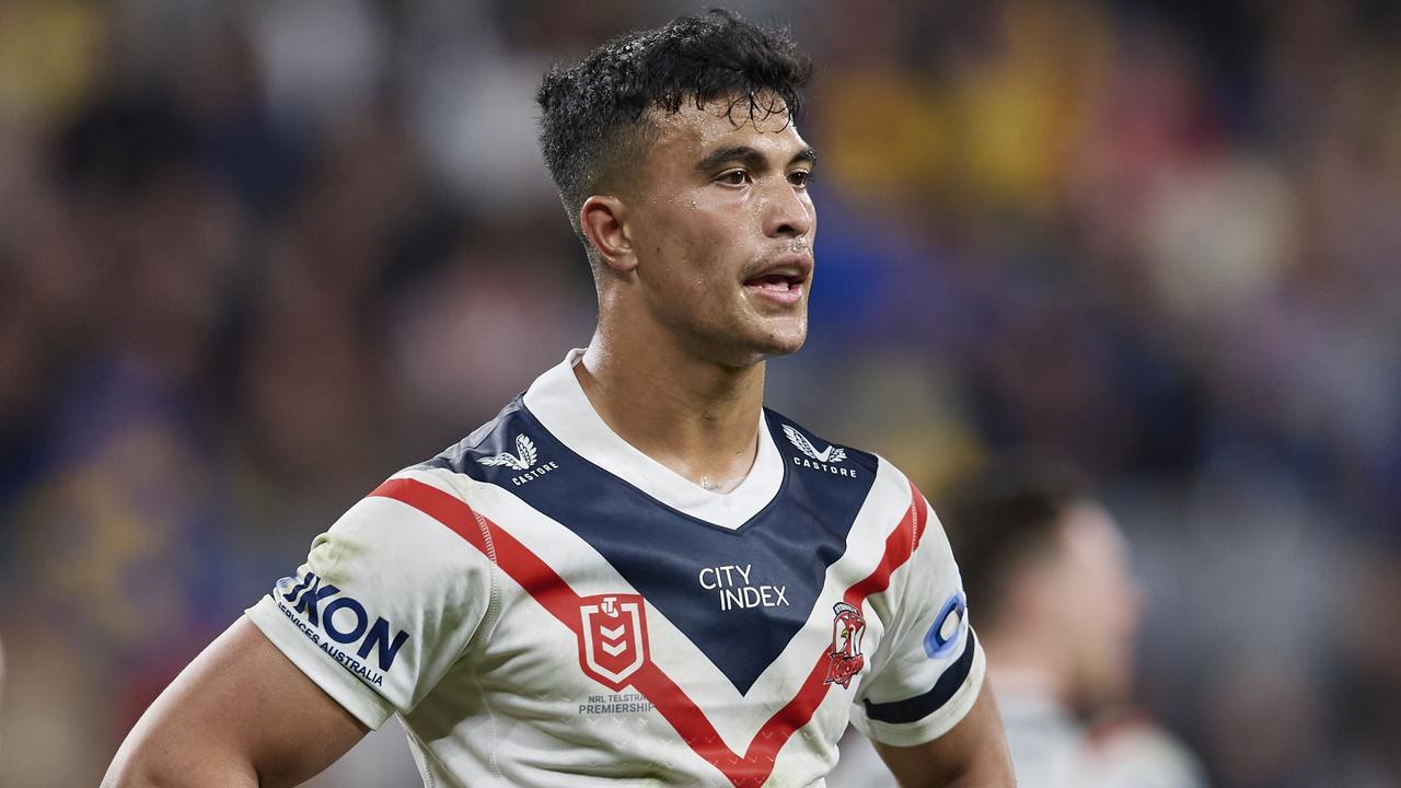 SYDNEY, AUSTRALIA - JUNE 18: Joseph Suaalii of the Roosters looks on during the round 15 NRL match between the Parramatta Eels and the Sydney Roosters at CommBank Stadium, on June 18, 2022, in Sydney, Australia. (Photo by Brett Hemmings/Getty Images)