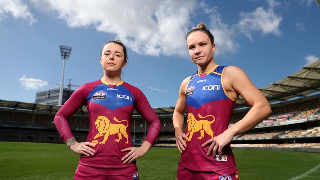 Brisbane Lions AFLW players Jess Wuetschner and Emily Bates at The Gabba. Picture: Peter Wallis