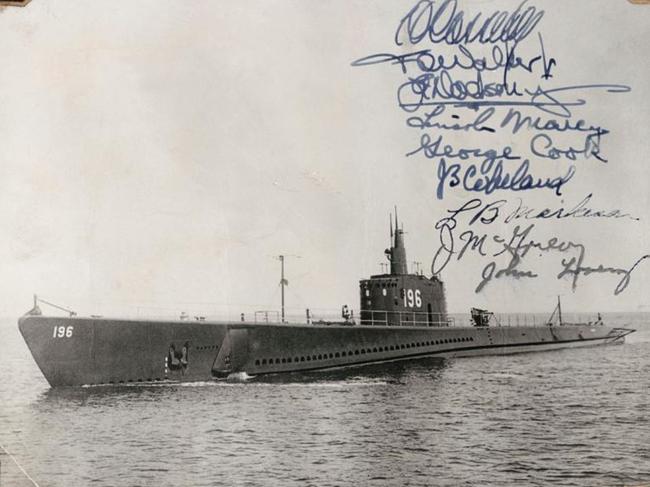 Safety at sea … the USS Searaven which rescued the Australians, in a photo signed by the sub's officers. Picture courtesy of Tom Trumble