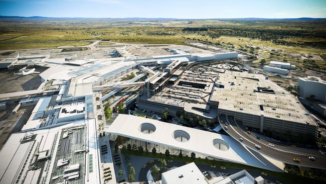 An artist’s impression of Melbourne Airport with an underground rail station (bottom middle) as well as a new road link to its car parks. Picture: Melbourne Airport