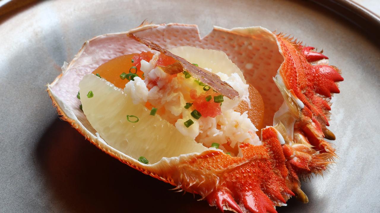 Fraser Island spanner crab with rockmelon, pomelo, finger lime, and prosciutto chip. Picture: Liam Kidston